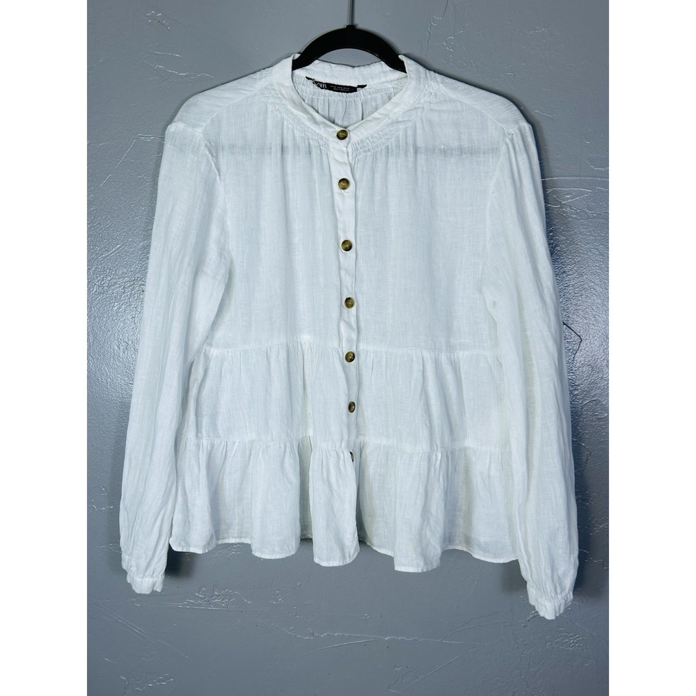 Zara white 100% linen tiered blouse delicate ruffle neck M Prairie Cottage